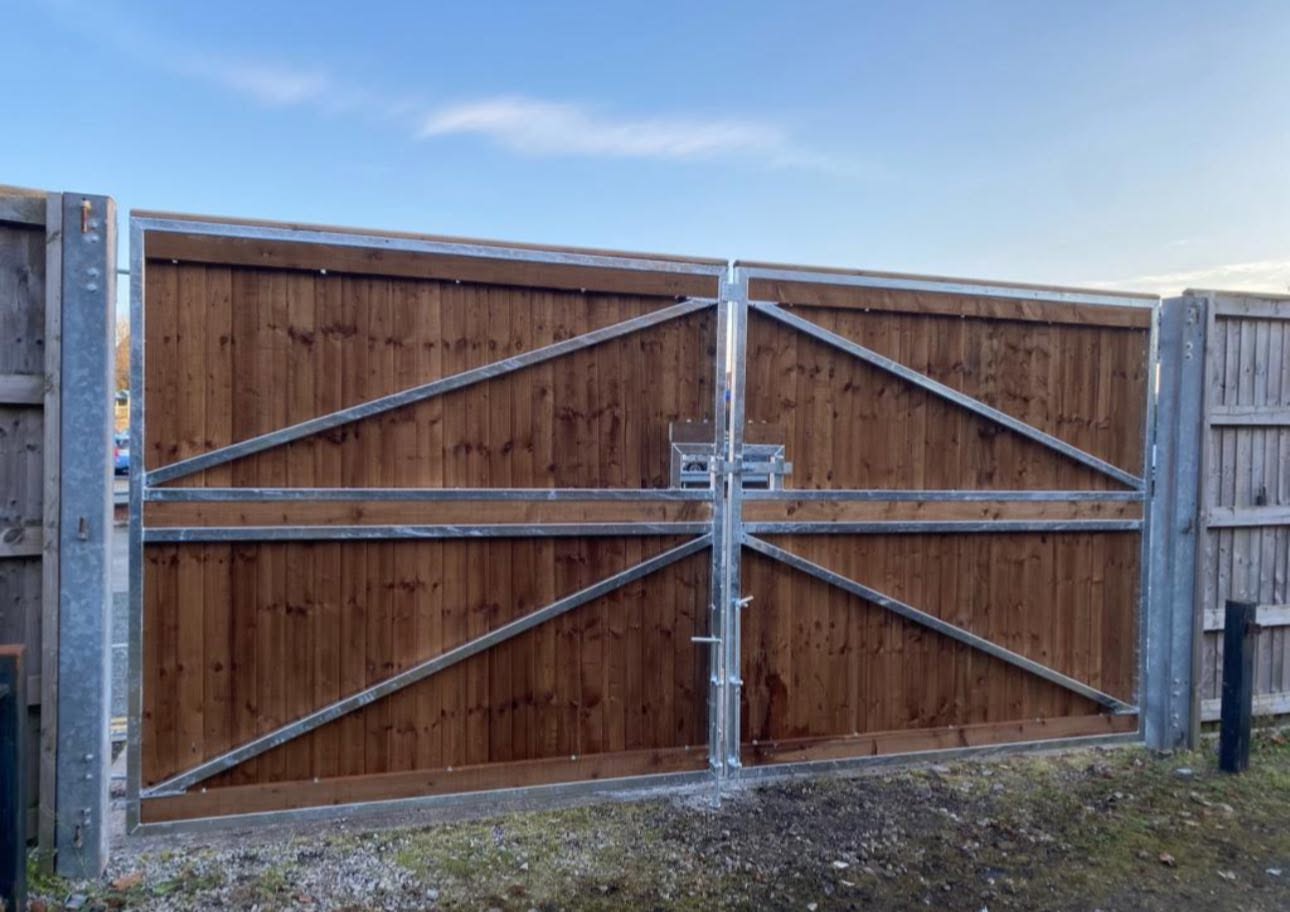Bespoke timber-clad double gate on a galvanised steel frame